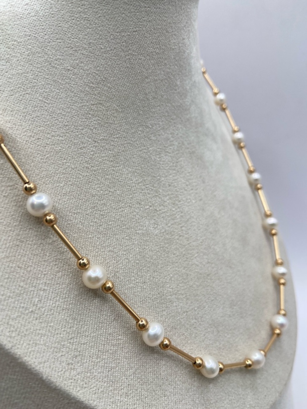 Rare 14K Yellow Gold 5mm Cultured Pearl By The Yard Station Necklace 18”L - Picture 3 of 9